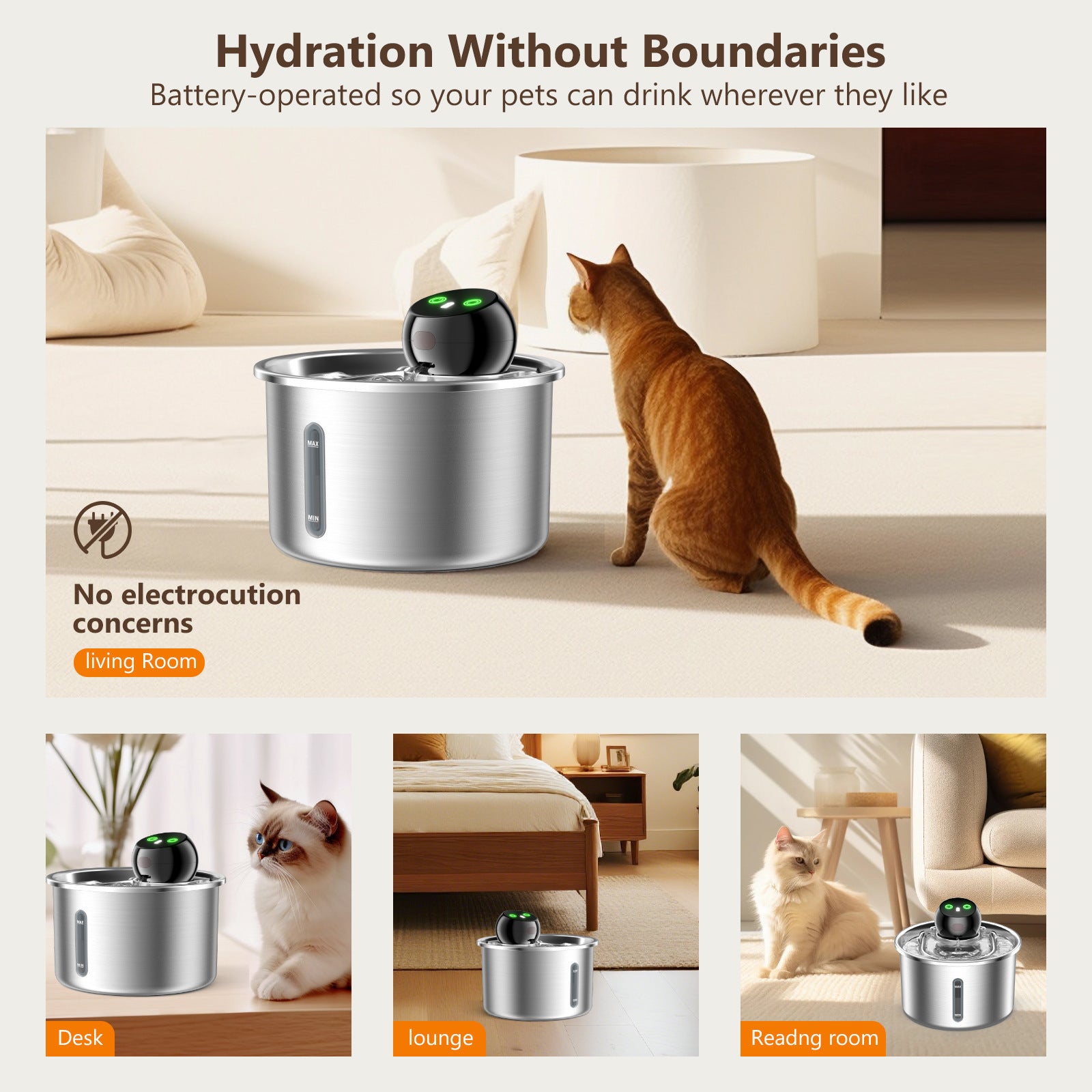 PKP WF 11 — Battery-Operated Smart Pet Fountain, 5000mAh, 45–60 Day Battery Life, 3 Water Modes