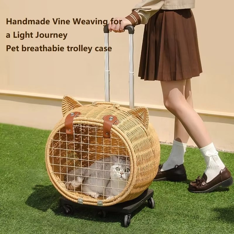 Handmade Rattan Pet Trolley Carrier – Cat Ear Design