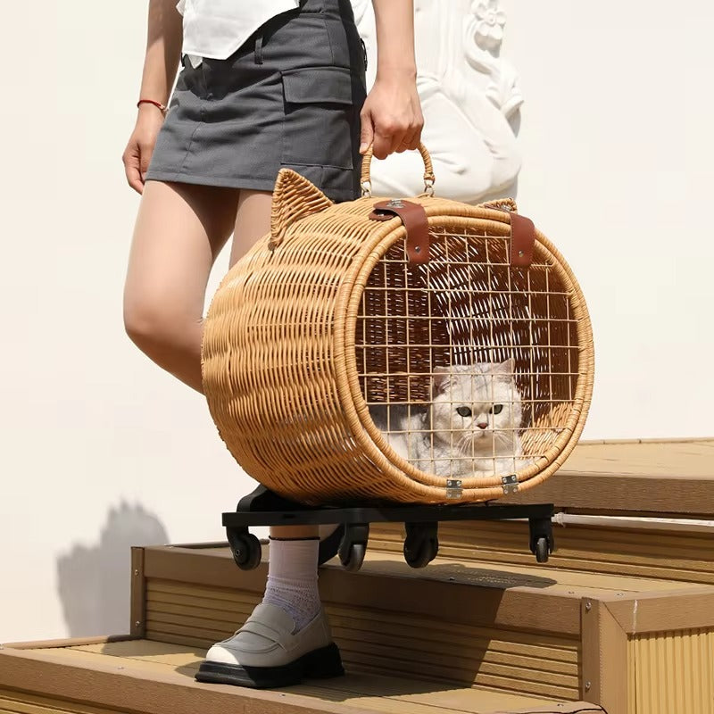 Handmade Rattan Pet Trolley Carrier – Cat Ear Design