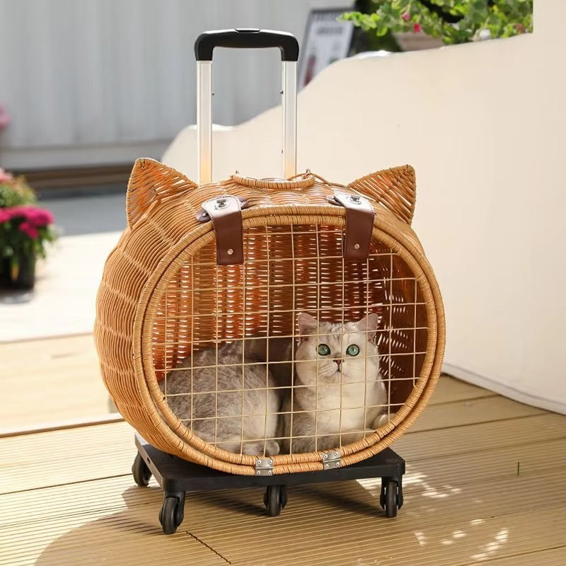 Handmade Rattan Pet Trolley Carrier – Cat Ear Design