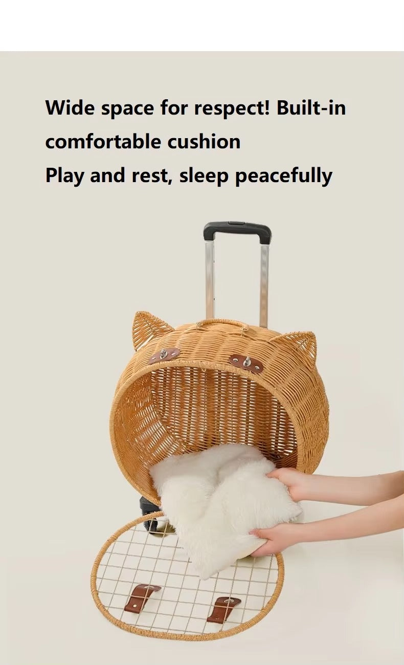 Handmade Rattan Pet Trolley Carrier – Cat Ear Design