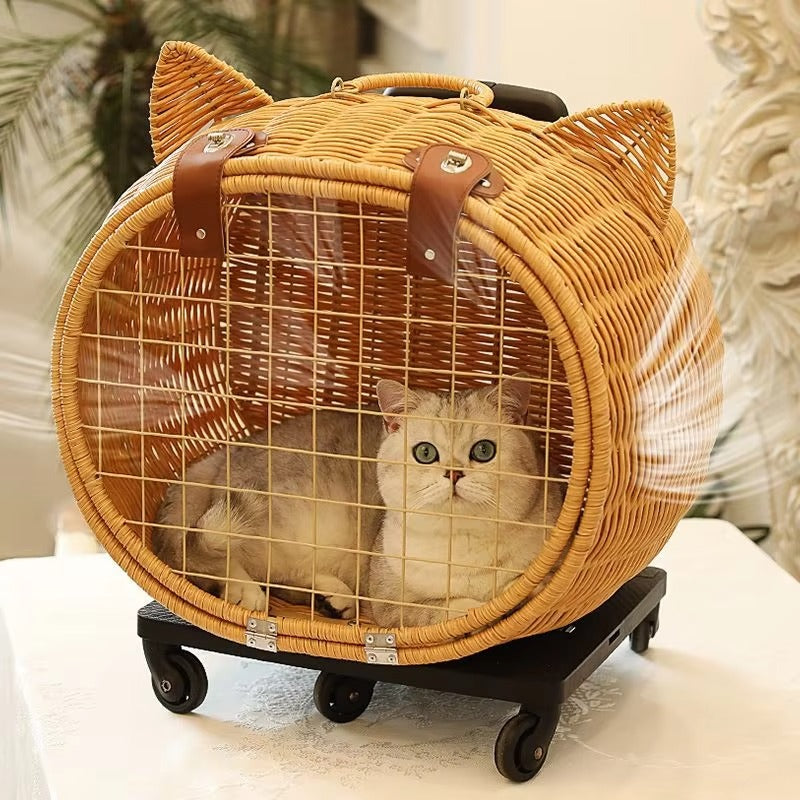 Handmade Rattan Pet Trolley Carrier – Cat Ear Design