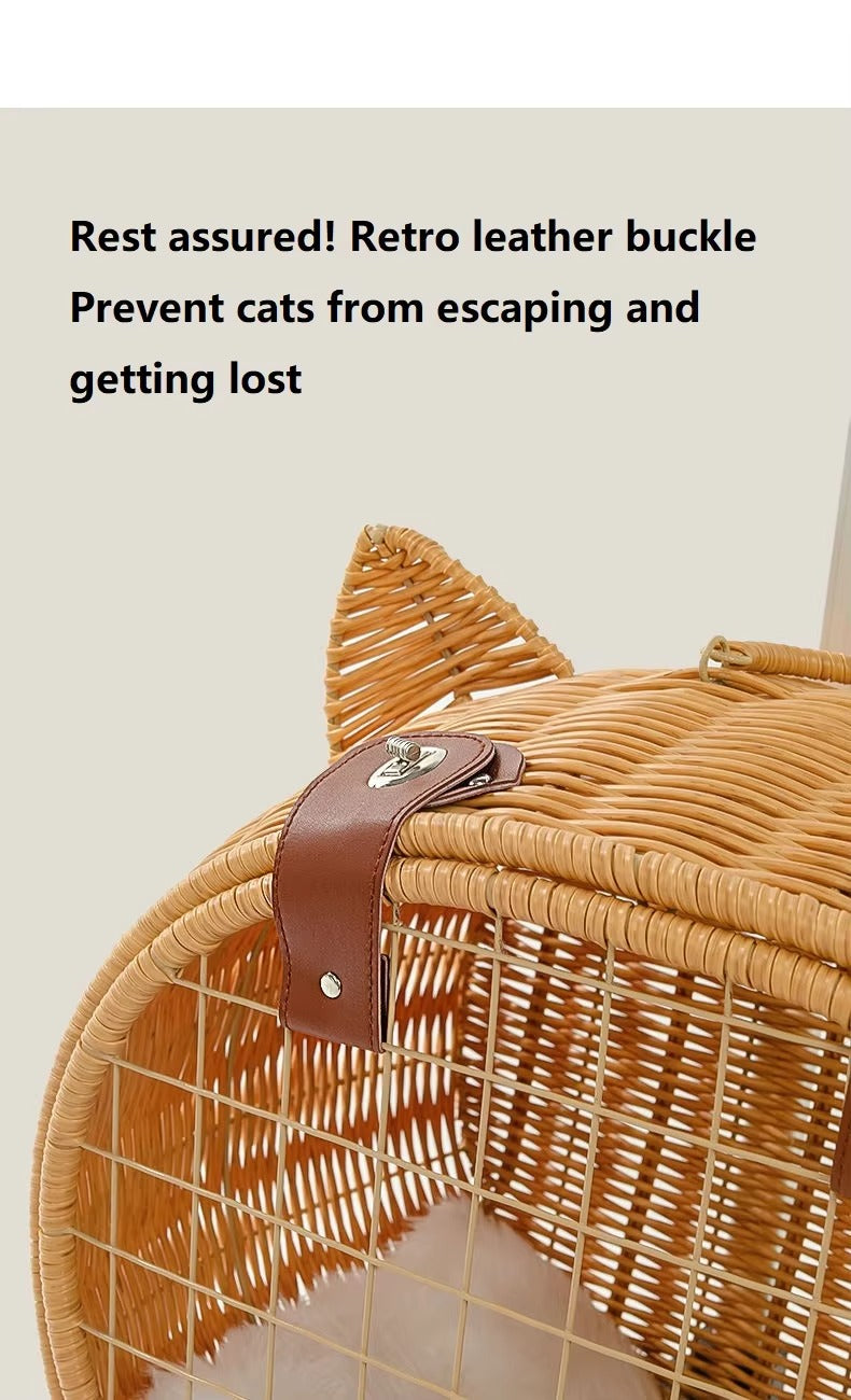 Handmade Rattan Pet Trolley Carrier – Cat Ear Design