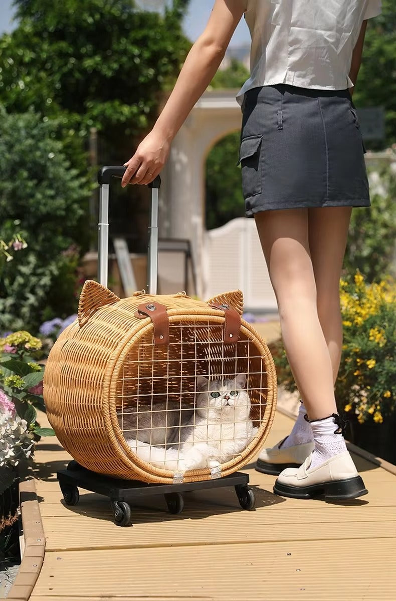 Handmade Rattan Pet Trolley Carrier – Cat Ear Design