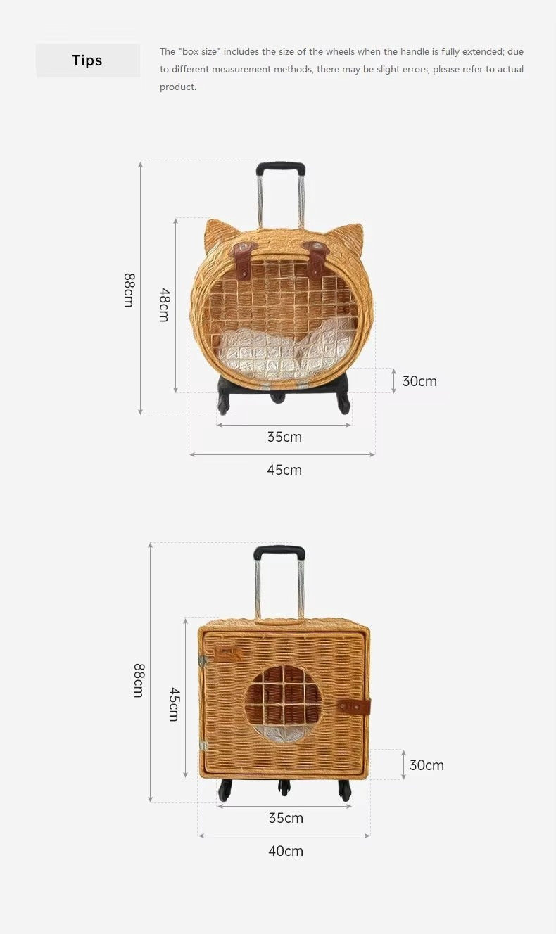Handmade Rattan Pet Trolley Carrier – Cat Ear Design