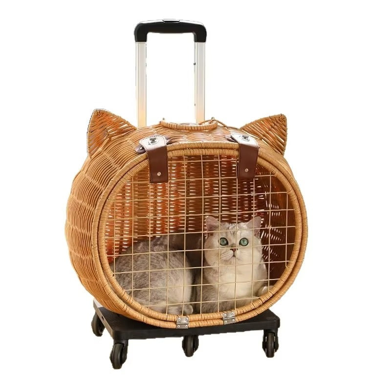 Handmade Rattan Pet Trolley Carrier – Cat Ear Design
