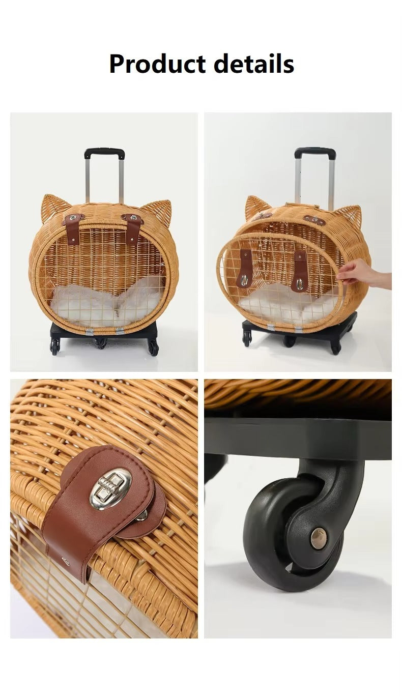 Handmade Rattan Pet Trolley Carrier – Cat Ear Design