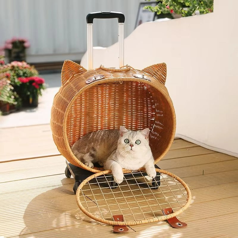 Handmade Rattan Pet Trolley Carrier – Cat Ear Design