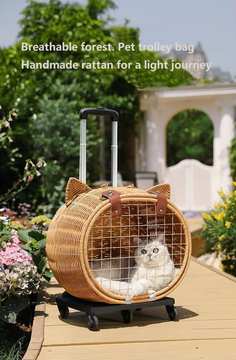 Handmade Rattan Pet Trolley Carrier – Cat Ear Design