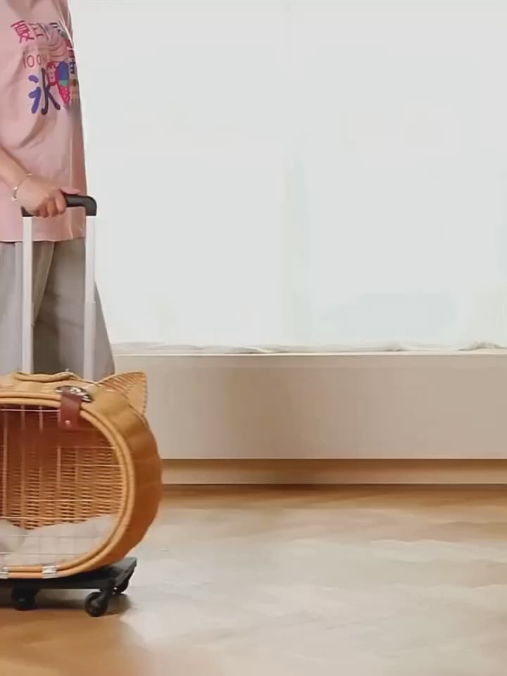 Handmade Rattan Pet Trolley Carrier – Cat Ear Design
